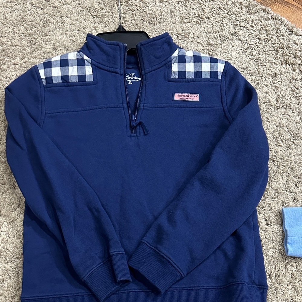 Vineyard Vines Navy Pullover with Plaid Accents